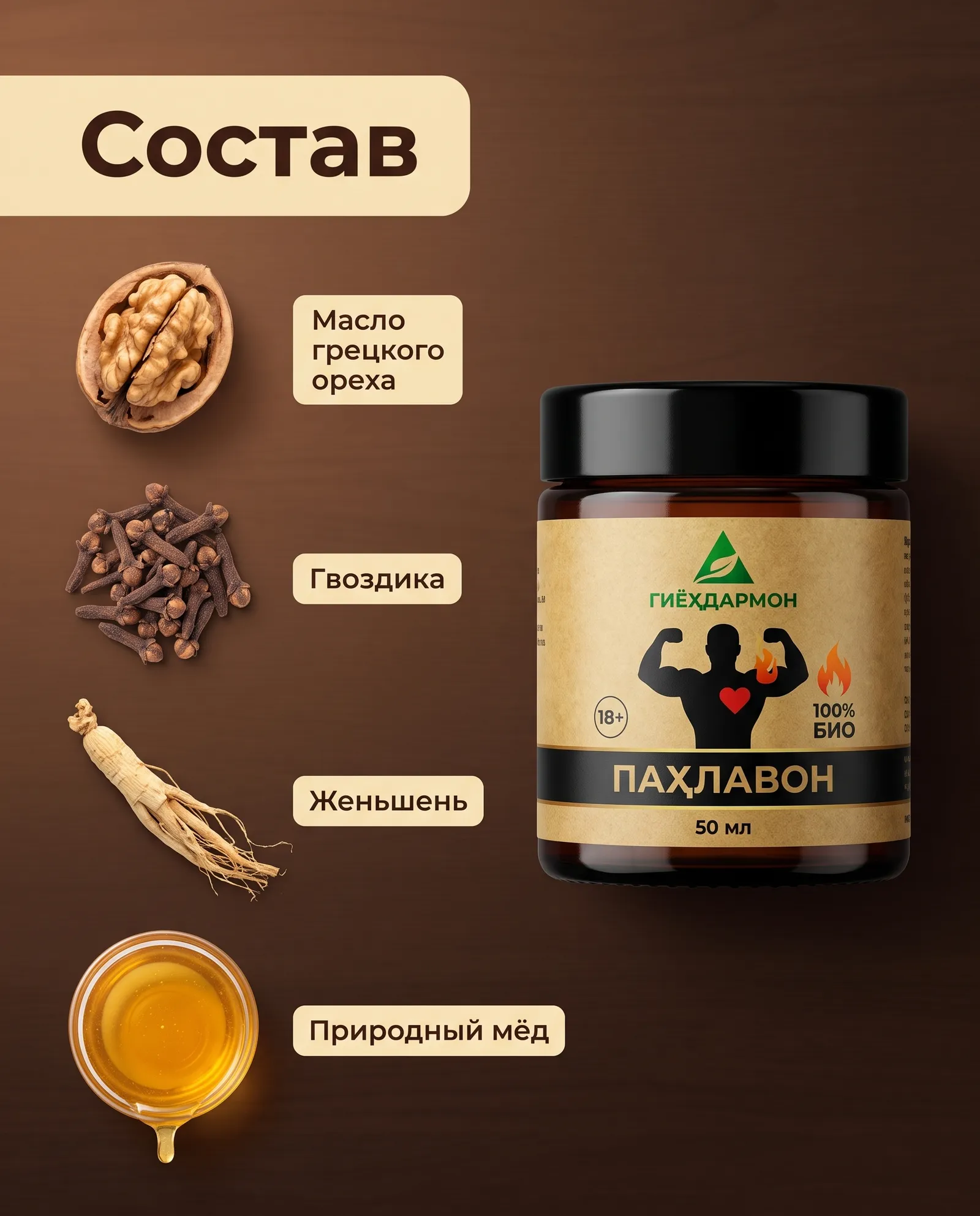 Мёд «Пахлавон» — мужская сила, 50 мл